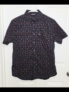 Ben Sherman Stretch Shirt Men's Small Blue w/Red Musical Instruments Print.